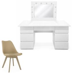 Artool Masa de toaleta/machiaj, Vanessa, alba + scaun Mark, bej, cu oglinda si LED-uri, 130x43x143 cm (146180)