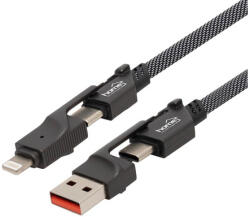 USE Home USB4X1 töltőkábel, 4in1, USB C-C / A-C / C-LIGHTNING / A-LIGTNING, 1.1 méter, 66W gyorstöltés, szőtt nylon burkolat, lapos, gabalyodásmentes kábel