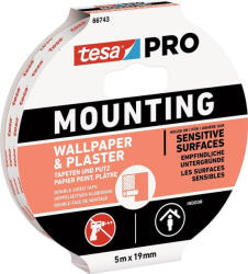 tesa Bandă adezivă, Tesa Mounting Pro, 1, 9 cm x 5 m, dublu adezivă, pentru tapet și tencuială, capacitate de încărcare maximă 1 kg/10 cm