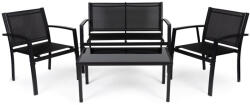 MultiGarden Set mobilier de grădină, MultiGarden FR-ITS020, negru, cadru metalic, blat din sticlă securizată, 4 piese: masă, 2 fotolii și bancă pentru două persoane, masă: 90x50 cm, textilenă, rezistent la intemp