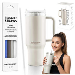 Berdsen Termos, Berdsen, 1180 ml, crem, oțel inoxidabil, cu pai, pentru băuturi calde și reci, 378900 cu set de 4 paie