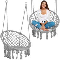 Sofotel Scaun suspendat, Sofotel Boho, gri, șezut 80 x 63 cm, cadru metalic, frânghie poliester-bumbac 100 cm, capacitate de încărcare 150 kg, interior/exterior Balansoar