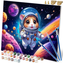Massido Set pictură pe numere, Massido, model hamster astronaut, 40 x 50 cm, multicolor, pânză numerotată, 3 pensule, vopsele acrilice, cu agățători