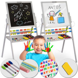 Ricokids Tablă de desen magnetică, Ricokids, gri, 101 x 54 x 55 cm, cu două fețe (tablă magnetică și cu cretă), rotativă, din lemn, cu abac, cu accesorii