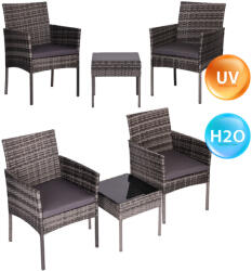 MultiGarden Set mobilier de grădină, MultiGarden ESO-F368-4-4, gri, ratan, rezistent la intemperii, 3 piese, masă 42 x 42 cm, 2 scaune, cadru din oțel, blat din sticlă securizată 5 mm, cu perne