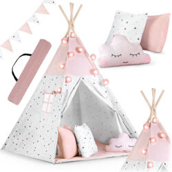 Nukido Cort pentru copii, Nukido Tipi, cu șir de lumini, 120 x 120 x 165 cm, roz, bumbac 175 g/m2, bețe din lemn de pin, 3 perne și covoraș izolant, geantă de transport
