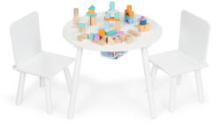 ECOTOYS Set masă și scaune pentru copii, ECOTOYS WH135, alb, 1 masă + 2 scaune, picioare din lemn de pin, plasă pentru jucării, masă rotundă