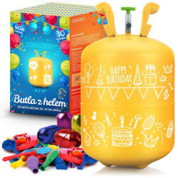 Ricokids Heliu pentru umflarea a 30 de baloane, Ricokids, galben, butelie cu heliu 0, 2 m3, cu 30 de baloane asortate, panglică de 40 m, butelie de unică folosință, portabilă, cu reductor de presiune