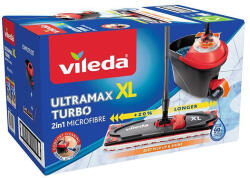 Vileda Set mop, Vileda Ultramax XL Turbo, mâner telescopic, cu găleată, coș de stoarcere cu pedală, mop plat din microfibră, cu cap de rezervă