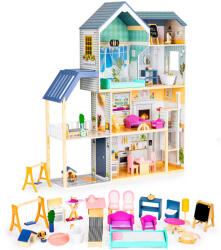 Eco Toys Casă de păpuși din lemn, ECOTOYS 8101, Reședința Maya, 115 x 30, 5 x 138, 5 cm, 4 niveluri, 7 camere, 28 de piese de mobilier, lift mobil, terasă