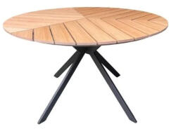  Masă de grădină, Tulum Natural, maro, rotundă, diametru: 120 cm, înălțime: 75 cm, cadru din aluminiu, blat cu aspect de tec, rezistentă la intemperii, rezistentă la UV, fără întreținere