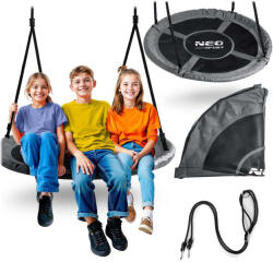 Neo-Sport Leagăn tip cuib, Neo-Sport Swingo, negru/gri, diametru: 110 cm, impermeabil, înălțime reglabilă a corzilor: 90-160 cm, cadru din oțel, căptușit, poliester Oxford 600D, capacitate de încărcare: 150 kg, Leagan