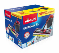 Vileda Set de mop, Vileda Ultramax XL One Size, roșu-gri, cu găleată și coș, cap cu 20% mai lung, pentru pardoseli dure, lavabil la 60 °C