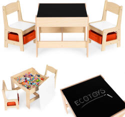 ECOTOYS Set masă și scaune pentru copii, ECOTOYS ZKC-1C, 1 masă + 2 scaune, MDF, blat reversibil, scaune cu sertare