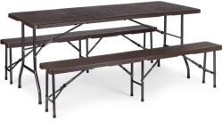 MultiGarden Set masă și bănci de berărie, MultiGarden SZK-180B + 2 buc. SBK-18, maro, 180 cm, pliabil, cadru din oțel, suprafață din plastic HDPE, 3 piese, masă și 2 bănci, pentru 8 persoane