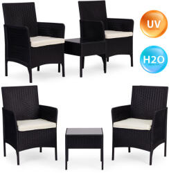 MultiGarden Set mobilier de grădină, MultiGarden DN602-1-3, negru, efect ratan, rezistent la intemperii, 3 piese, masă: 41, 5 x 41, 5 cm, 2 fotolii, blat din sticlă securizată, cu perne