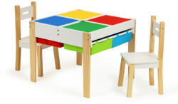 ECOTOYS Set masă și scaune copii, ECOTOYS XKF002, 1 masă + 2 scaune, picioare din lemn de pin, blat cu două fețe, 4 sertare glisante