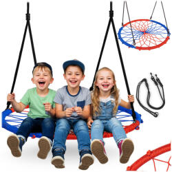 Neo-Sport Leagăn tip cuib, Neo-Sport Swingo, roșu/albastru, diametru: 95 cm, rezistent la apă, înălțime reglabilă a frânghiei: 152-195 cm, cadru din oțel, frânghie tip pânză de păianjen din poliester, capacitat Leagan