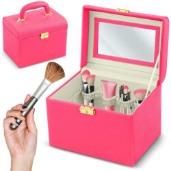 Massido Cutie pentru cosmetice, Massido MS-706, 22, 5 x 16, 5 x 17, 2 cm, roz, cu închidere cu cheie, cu oglindă, cu compartimente, cu mâner de transport, piele ecologică PU