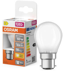 OSRAM Star LED fényforrás (izzó) kisgömb forma, matt plasztik búra, B22d foglalat, 5, 9W, 806lm, 2700K meleg fehér ( 4058075654310 ) (4058075654310)