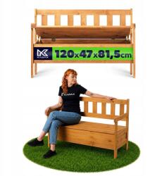 Kadax Fa Kerti Pad Háttámlával 120cm Ládával Terasz Erkély Kert (K8817)
