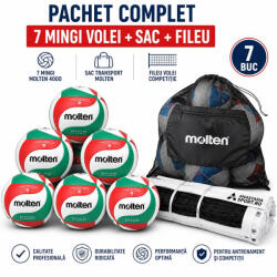 Anastasia Sport Pachet volei antrenament si competitie: 7 mingi Molten V5M4000 + sac Molten SBP + fileu profesional 9, 5 1 m (7XV5M4000+SPB+VL8)