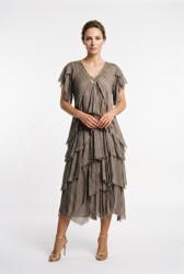 SHOPIKA Rochie lunga din matase cu volane suprapuse asimetrice si paiete fine la decolteu, bej inchis Talie unica