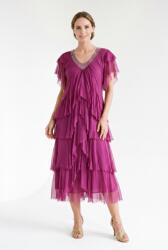 SHOPIKA Rochie lunga din matase cu volane suprapuse asimetrice si paiete fine la decolteu, magenta Talie unica