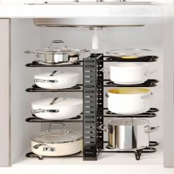 GALORWAY Organizator Reglabil Multifunctional pentru Tigăi, Oale și Capace, 8 Niveluri, Varianta Standard, Metal, 48 x 20.5 x 38 cm, Negru