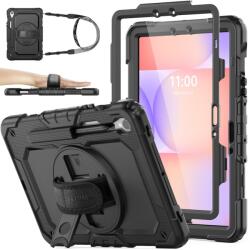 SEYMAC stock Ütésálló Tok Samsung Galaxy Tab S10 Lite/S10 FE/S9 FE 10, 9"/S9 11" - Fekete, 360° Forgatható Állvány, Kézpánt, Vállpánt, Ceruza