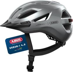 ABUS Urban-I 4.0 Városi Kerékpáros Sisak M-es méret 54-58cm, Ezüst Tölthető Hátsó Lámpával 2 Fénymóddal Napellenzővel és Mágneses Csattal