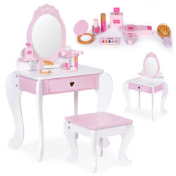 ECOTOYS Măsuță de machiaj pentru copii, ECOTOYS 2950, 54 x 88 x 38 cm, alb/roz, din lemn, cu oglindă, cu sertar, cu taburet, cu 7 accesorii de joacă, de la 3 ani