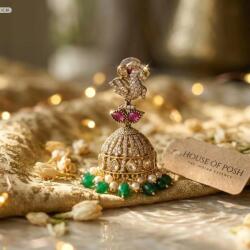  House of Posh Jhumka fülbevaló, aranyozott, smaragd, rubin, Kundan