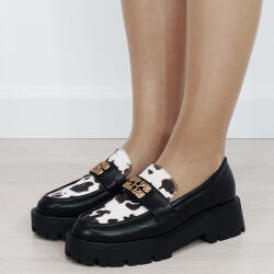 Ideal Shoes Mocasini negri tip loafers cu imprimeu vacuta texturat 1889 04 (1889COW-38)