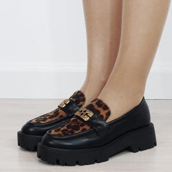 Ideal Shoes Mocasini negri tip loafers cu imprimeu leopard texturat 1889 04 (1889LEOPARD-38)