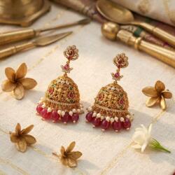  House of Posh Jhumka Fülbevaló Aranyozott Indiai Boho Rubin