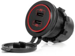 AMiO Vízálló töltő PIROS LED háttérvilágítással 2xUSB C 12/24V