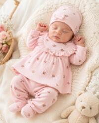 SuperBaby Compleu nou nascut fetite cu bluzita, pantaloni, caciulita, manusi si bavetica, roz floral, Bimbo, 0-3 luni,