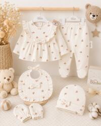 SuperBaby Compleu nou nascut fetite cu bluzita, pantaloni, caciulita, manusi si bavetica, bej floral, Bimbo, 0-3 luni,