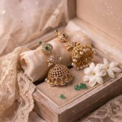  House of Posh Jhumka Fülbevaló Aranyozott Smaragd Kundan Bohó - allegro - 16 955 Ft