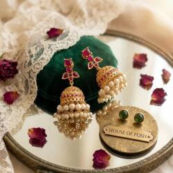  House of Posh Jhumka Fülbevaló Aranyozott Indiai Rubin Bohó