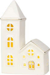 MagicHome Karácsonyi dekoráció, MagicHome, házikó templommal, fehér, 11, 2 x 5, 5 x 17, 4 cm, porcelán, 1 db LED, melegfehér (TC8091691)