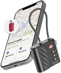 SBS Track My Lock TSA lakat beépített FindMy nyomkövetővel, 3 számjegyű kód, 60 dB riasztó, USB-C töltés, bőröndökhöz és táskákhoz, fekete