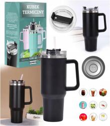  Thermo Bögre Szívószállal Teás termosz 1200 ML Fekete XXL (USA)