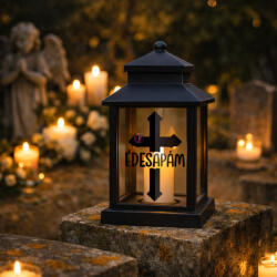 Deconline Crafts Led lámpás kereszttel, egyedi névvel 17, 5 cm, fekete emlékőrző (ALCL17-B-CROSS)
