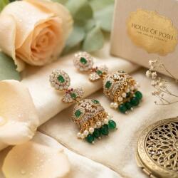  House of Posh Jhumka Fülbevaló Aranyozott Smaragd Kundan Bohó - allegro - 12 715 Ft