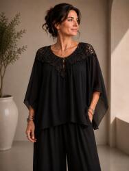 SHOPIKA Bluza evazata din matase si vascoza cu dantela la decolteu si maneci vaporoase, neagra Talie unica