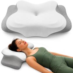 Linomag Perna Ortopedica Cervicala pentru dormit Linomag®, Spuma cu Memorie, Suport Gat, Umeri si Brate, Husa Lavabila, pentru Dormit pe Lateral și pe Spate, Gri/Alb, 62 x 37 x 9-14 cm (pdgia)