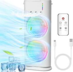 3 Az 1 Ben Asztali Ventilator Permetezo Es Parasitó Funkcioval, 2 Független Lapattal, 3 Sebessegfokozattal, 7 Szinu LED Vilagitassal, Oszcillalassal, Időzitővel, USB Ujratoltheto, Feher