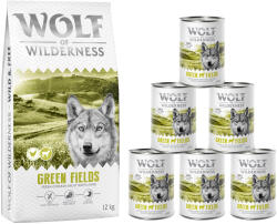 Wolf of Wilderness 12kg Wolf of Wilderness száraz kutyatáp + 6x400g nedves kutyatáp - Adult Green Fields - bárány